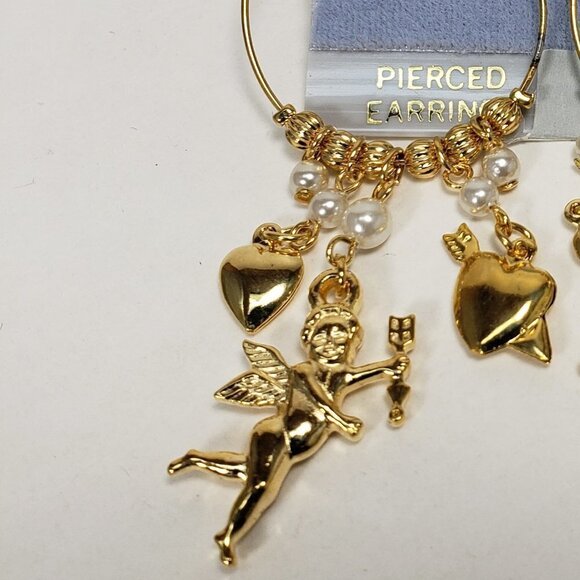 Women's Polished Gold tone Beaded Hoop Design Drop Earrings - Dangling Charms #3 - Picture 3 of 6